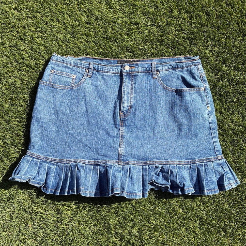 Venezia Womens Size 18 Blue Denim Ruffle Hem Mini Skirt Pleated Flounce Medium